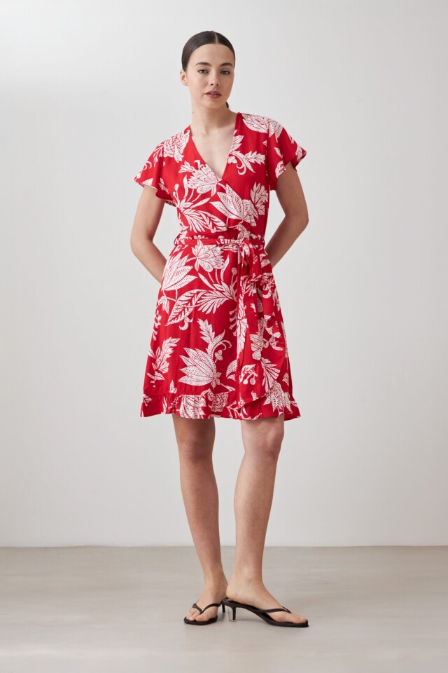 Vestido cruzado con estampa floral rojo