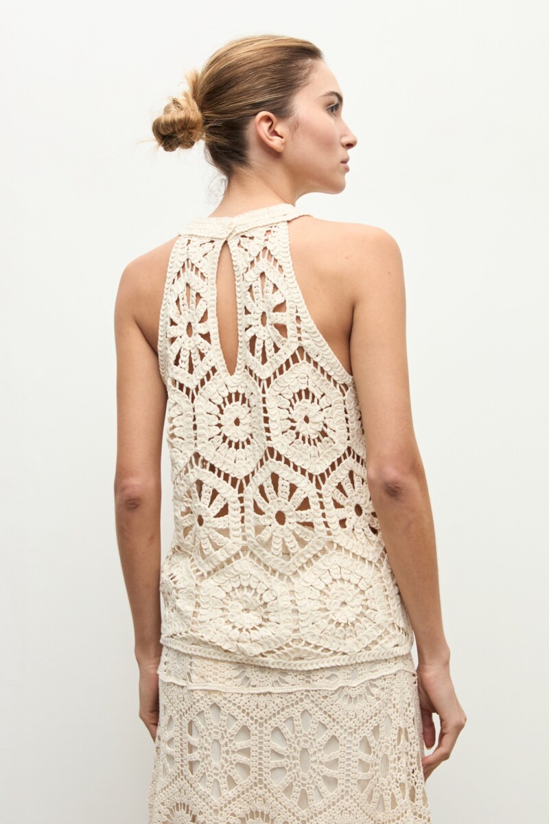 Top halter tejido crochet beige claro