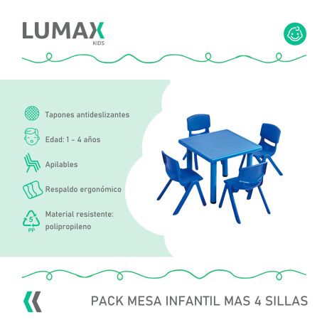 Pack Mesa Infantil Lumax Cuadrada + 4 Sillas Azul