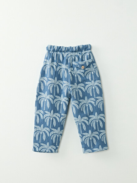Pantalón de muselina Estampa Palmeras Azul