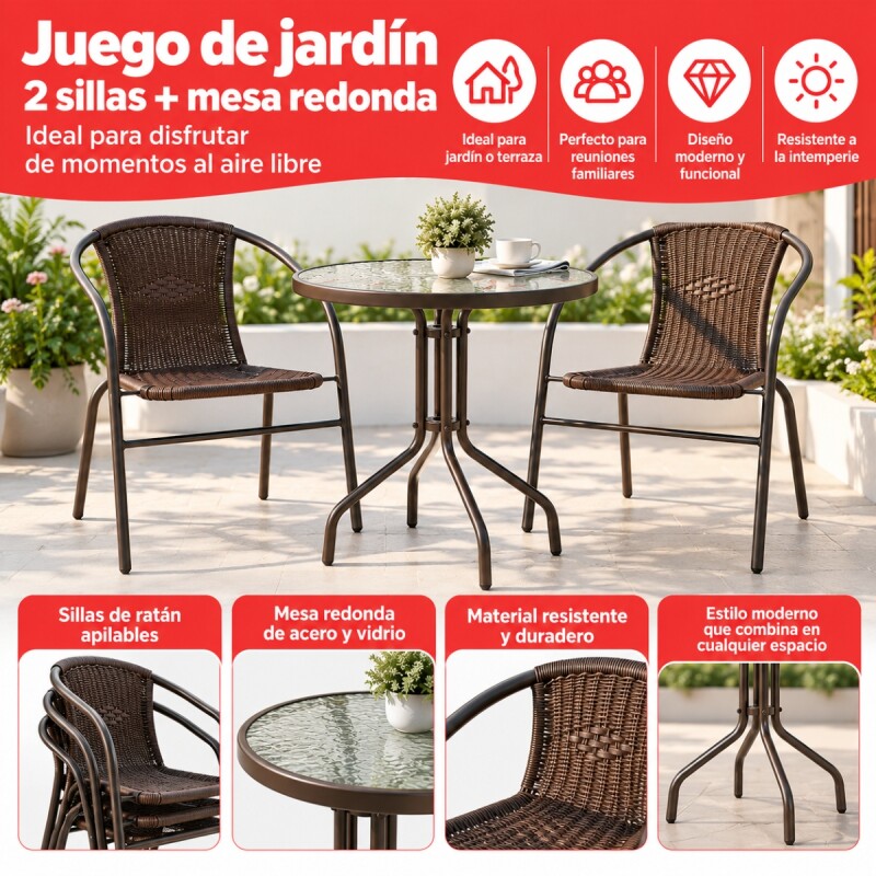 Juego De Jardín Sillas Ratan + Mesa Vidrio MARRON