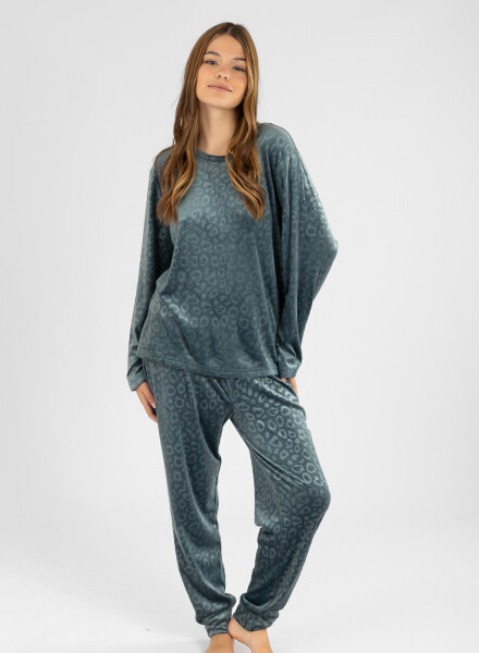Pijama leopard fleece velour Verde petroleo