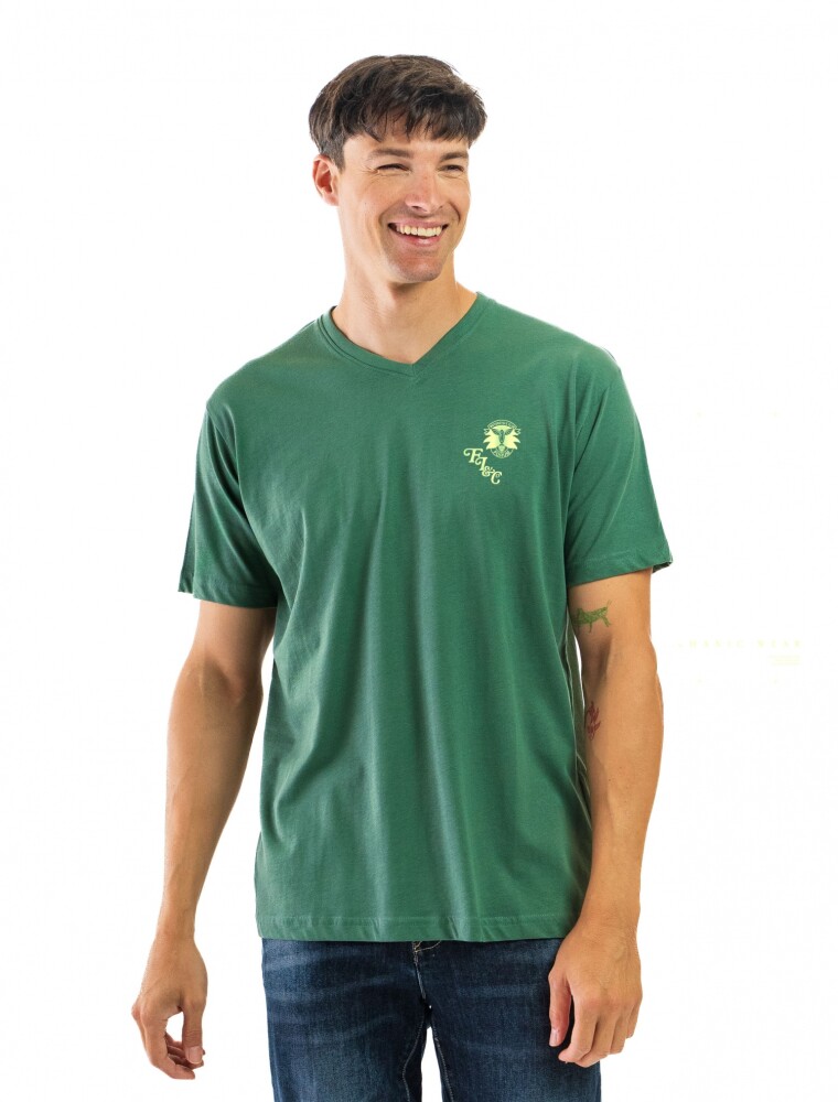 Remera Algodón Estampada Cuello V Verde y Amarillo