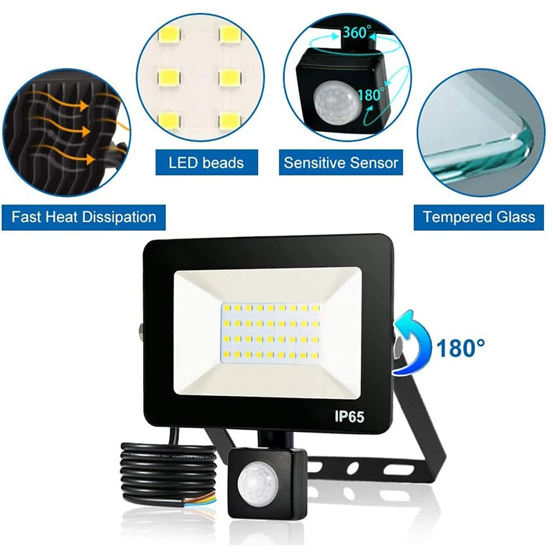 FOCO LED APPLE CON SENSOR DE MOVIMIENTO - 30W Proyector LED Sensor Movimiento 30W Luz Fría