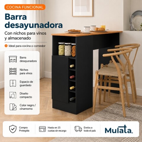 Mueble Barra de Cocina Desayunadora Con Nichos Para Vinos Y Almacenado - Negro / Cinamomo Mueble Barra de Cocina Desayunadora Con Nichos Para Vinos Y Almacenado - Negro / Cinamomo