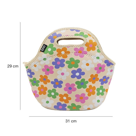 Lunchera de Neopreno Brio Bolso Térmico Bebida Comida c/ Asa Beige Con Flores Multicolores