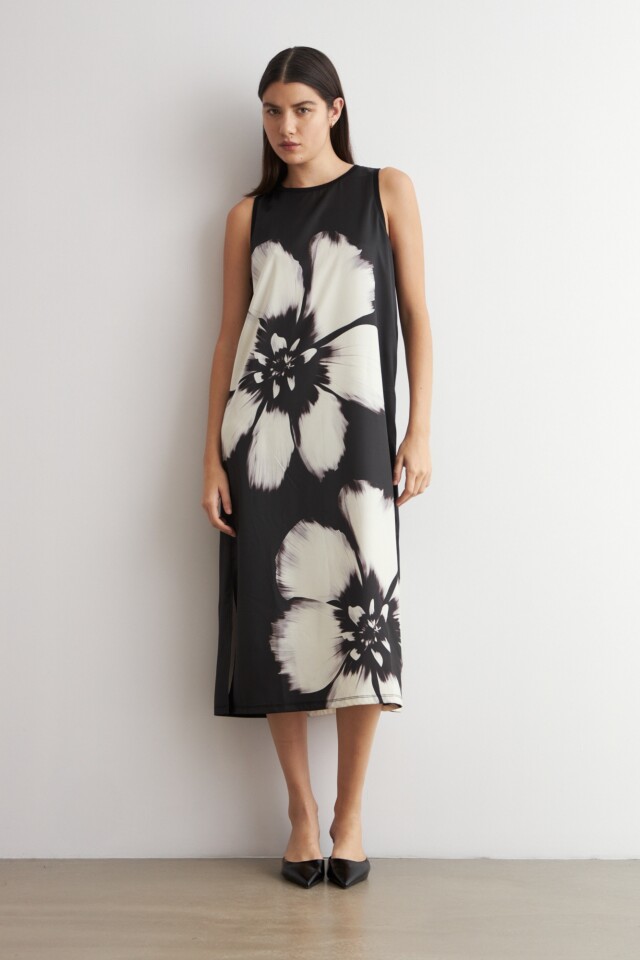 Vestido satén estampado negro