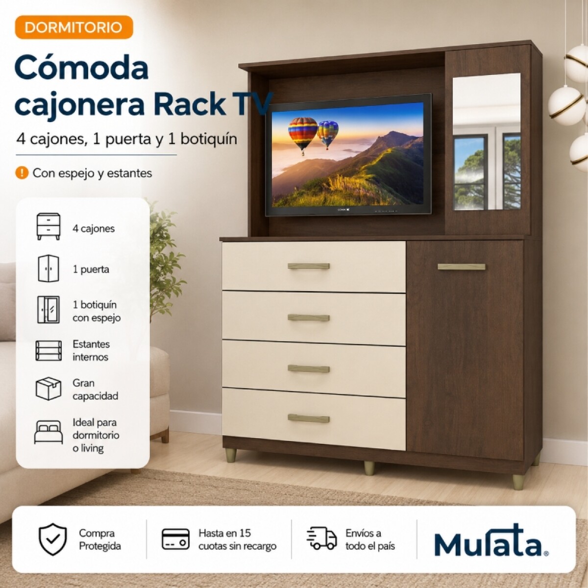 Comoda Cajonera Rack TV de 4 cajones 1 puerta 1 Botiquín con Espejo y Estantes para Dormitorio o Living - FE - R/Champan 