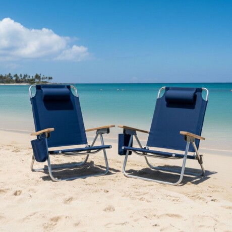 Reposera x2 Silla de aluminio baja con posa brazos de madera AZUL