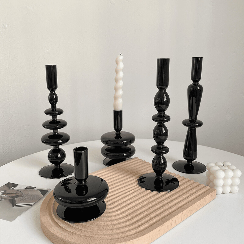 Porta velas de vidrio en colores ancho negro