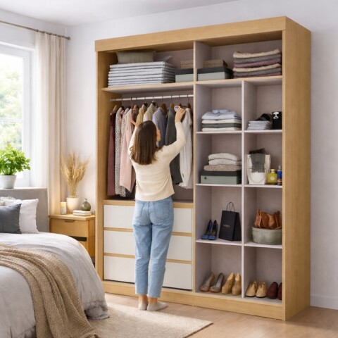 Ropero Armario Bagdá MDF 100% Premium Puertas Mixtas 2 Batientes y 1 Corrediza 3 Cajones y Espejo - Castaño Off White Ropero Armario Bagdá MDF 100% Premium Puertas Mixtas 2 Batientes y 1 Corrediza 3 Cajones y Espejo - Castaño Off White