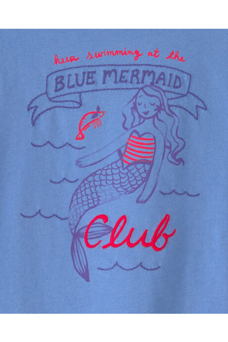 Remera de algodón, manga corta, azul, estampa sirena Sin color
