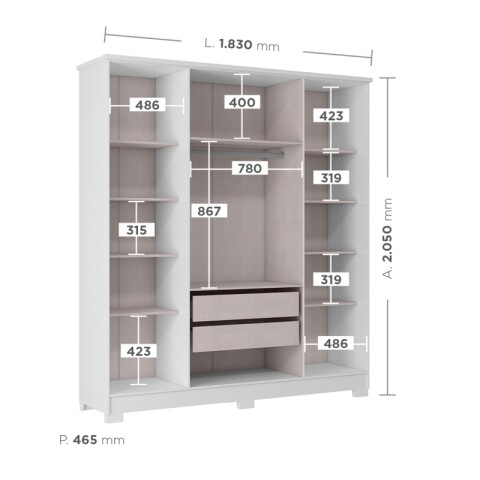 Armario Ropero Mónaco 4P+2C con Espejo Blanco Armario Ropero Mónaco 4P+2C con Espejo Blanco