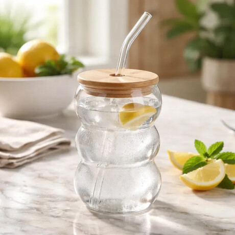 Vaso de vidrio ondeado con tapa de madera y sorbito 500ml Transparente