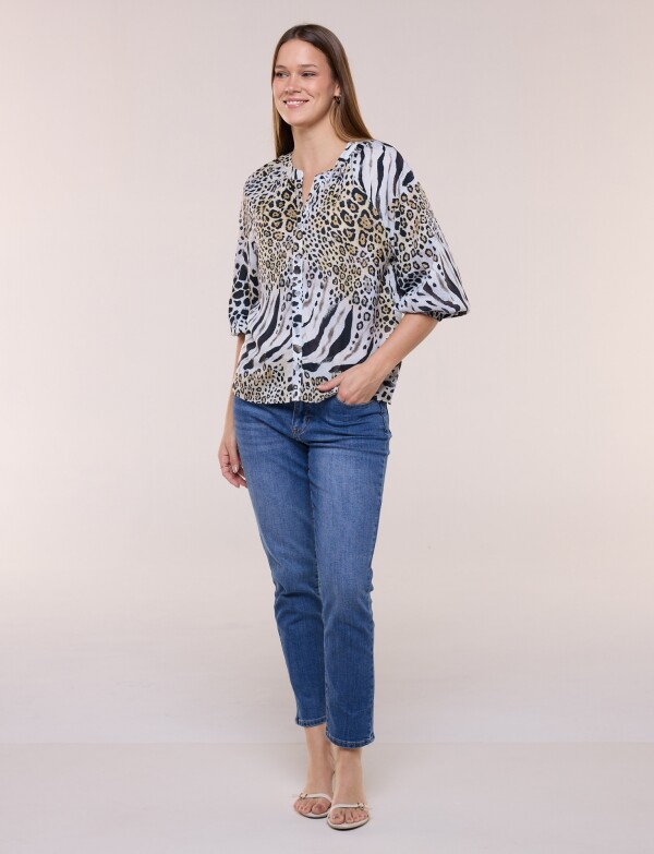 Blusa De Gasa Con Manga Abullonada MULTI/NEGRO