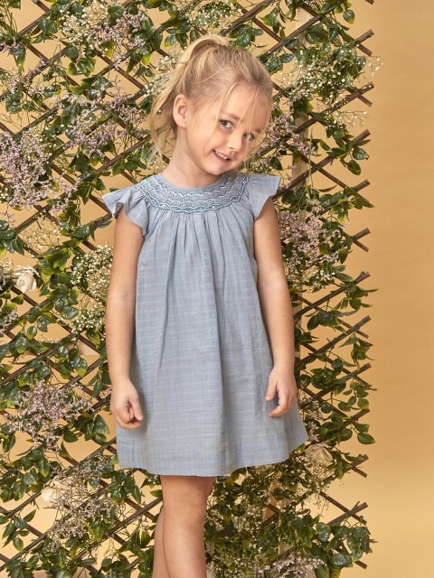 Vestido Liso Con Nido De Abeja A Contraste Gris