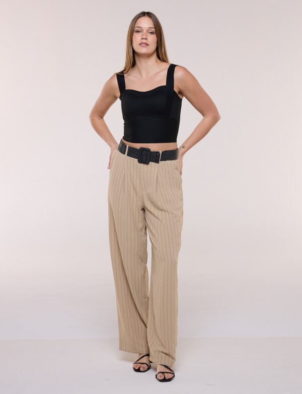 Pantalon Wide Leg Rayado Con Cinturón De Rafia BEIGE