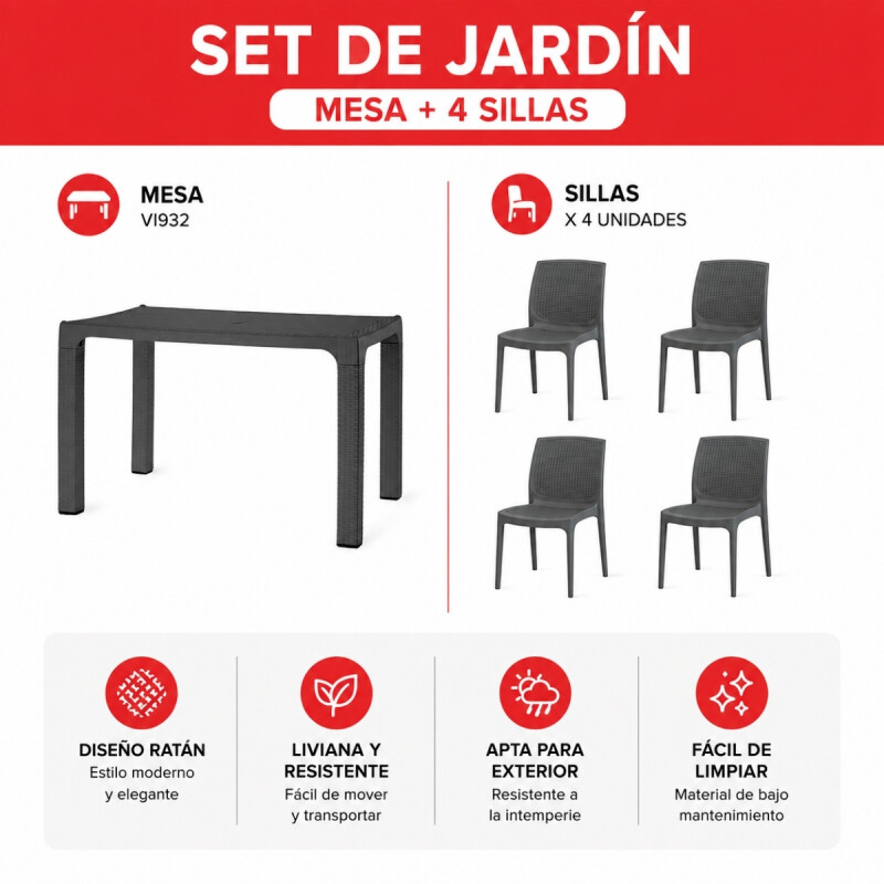 Mesa ratán 70x120 + 4 sillas sin apoya brazos GRIS