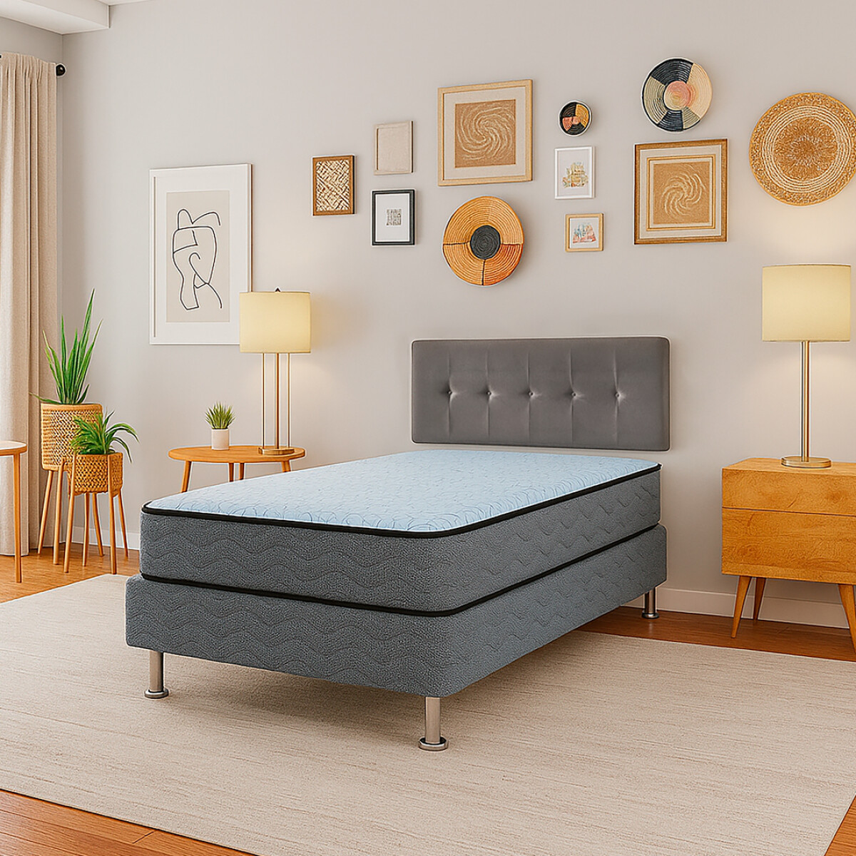 Sommier Moon - 090x190x58 + Panel Arezzo Gris - Plaza Especial 