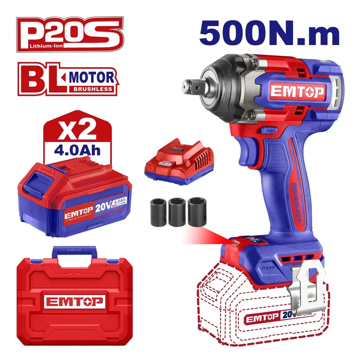 Llave de impacto Emtop 20V (Maletín c/baterias 4.0 y cargador) 