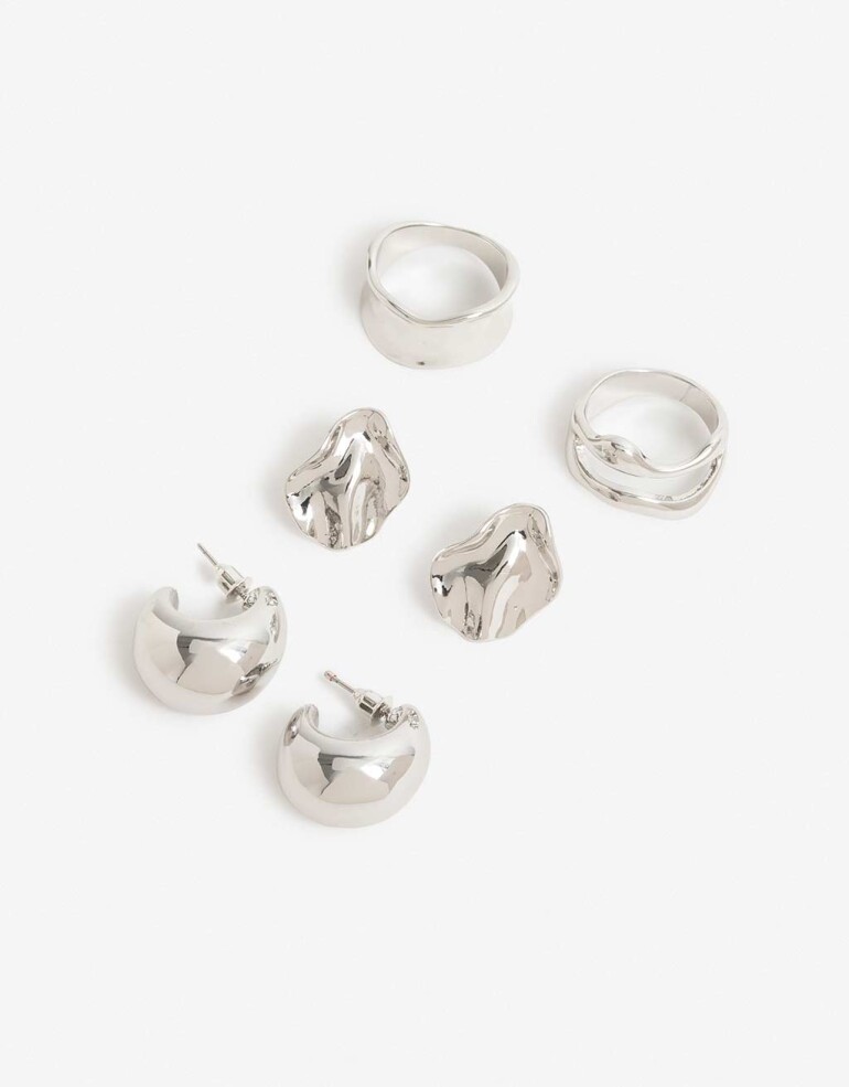 Bijouterie Set Metal Set De Anillos Y Aros Metal - Plateado Rodio