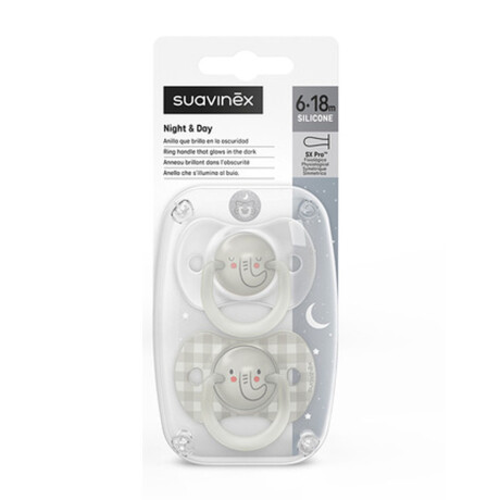 Chupete Suavinex x2 de 6-18M Fisiológico SX PRO Brilla Noche Gris