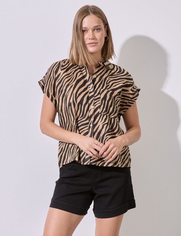 Camisa Lino Animal Print TOSTADO/MULTI