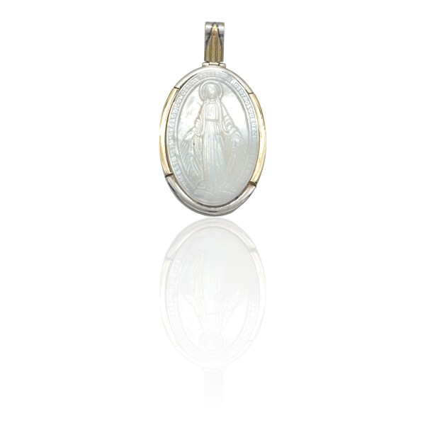 Dije Colgante Oval Virgen Milagrosa-Plata 925 y Oro-Con Piedra Nacar-CP5211 Conpiedra