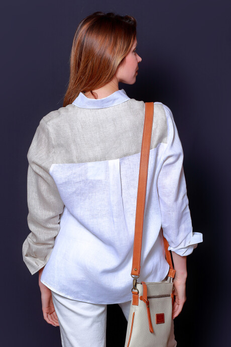 Camisa Suspiro en Lino Combinada Beige Claro con Blanco