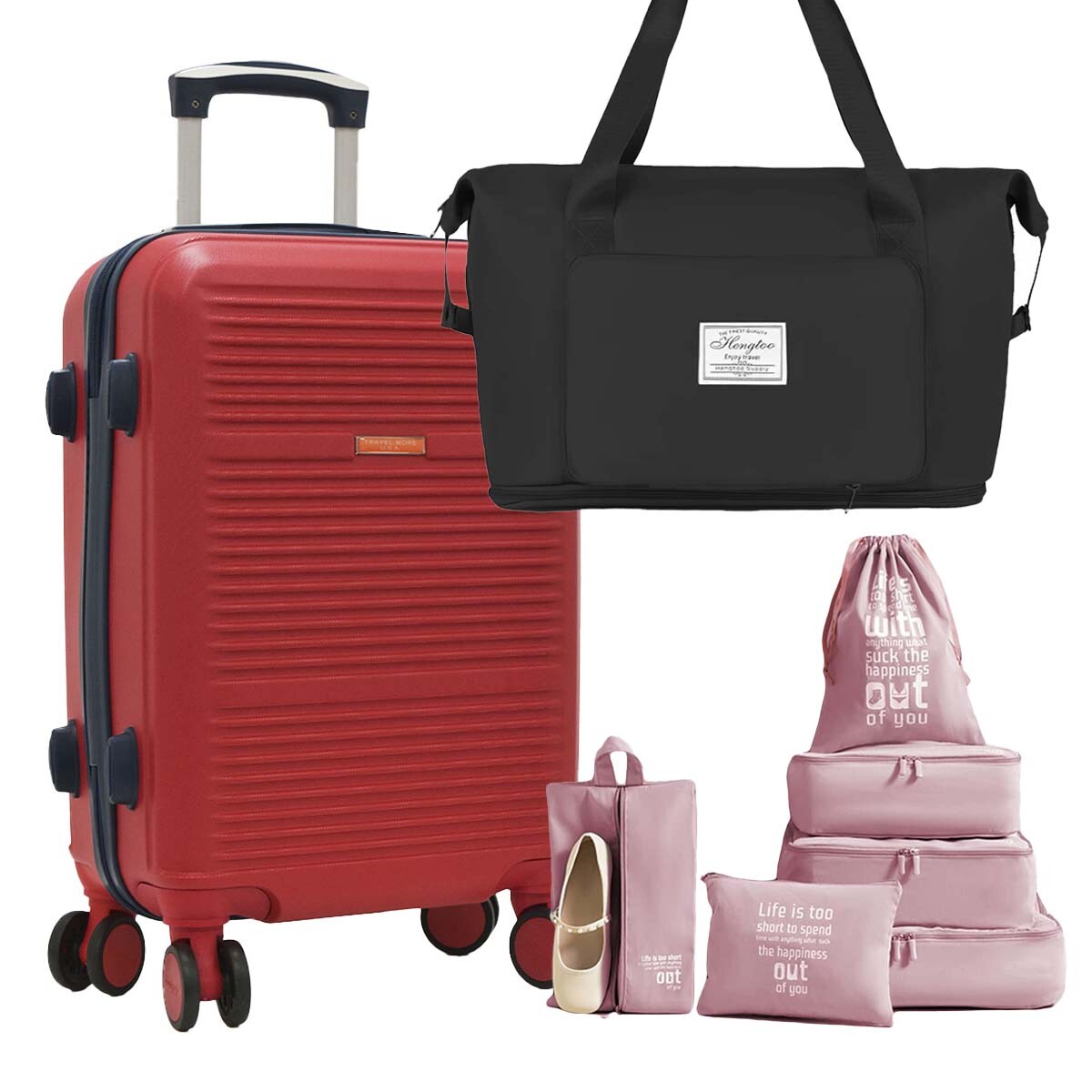 Set Valija Rígida Grande + 6 Organizadores Equipaje + Bolso - Rojo Oscuro 
