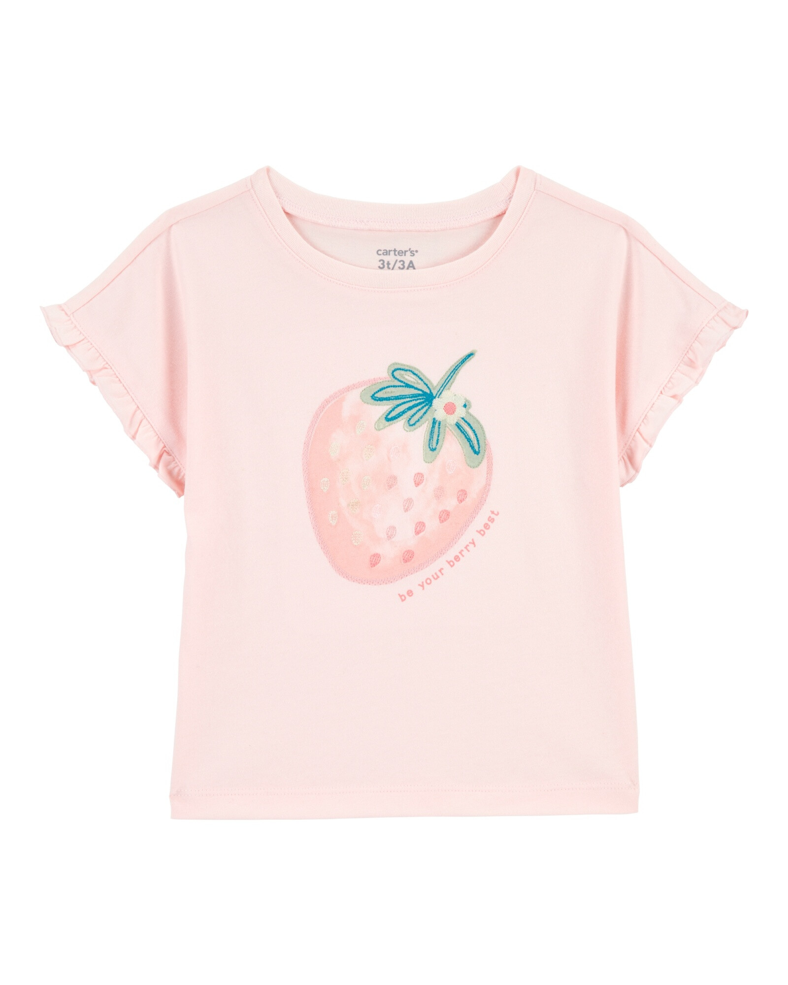 Remera de algodón, mangas con volantes y estampa frutilla Remera de algodón, mangas con volantes y estampa frutilla