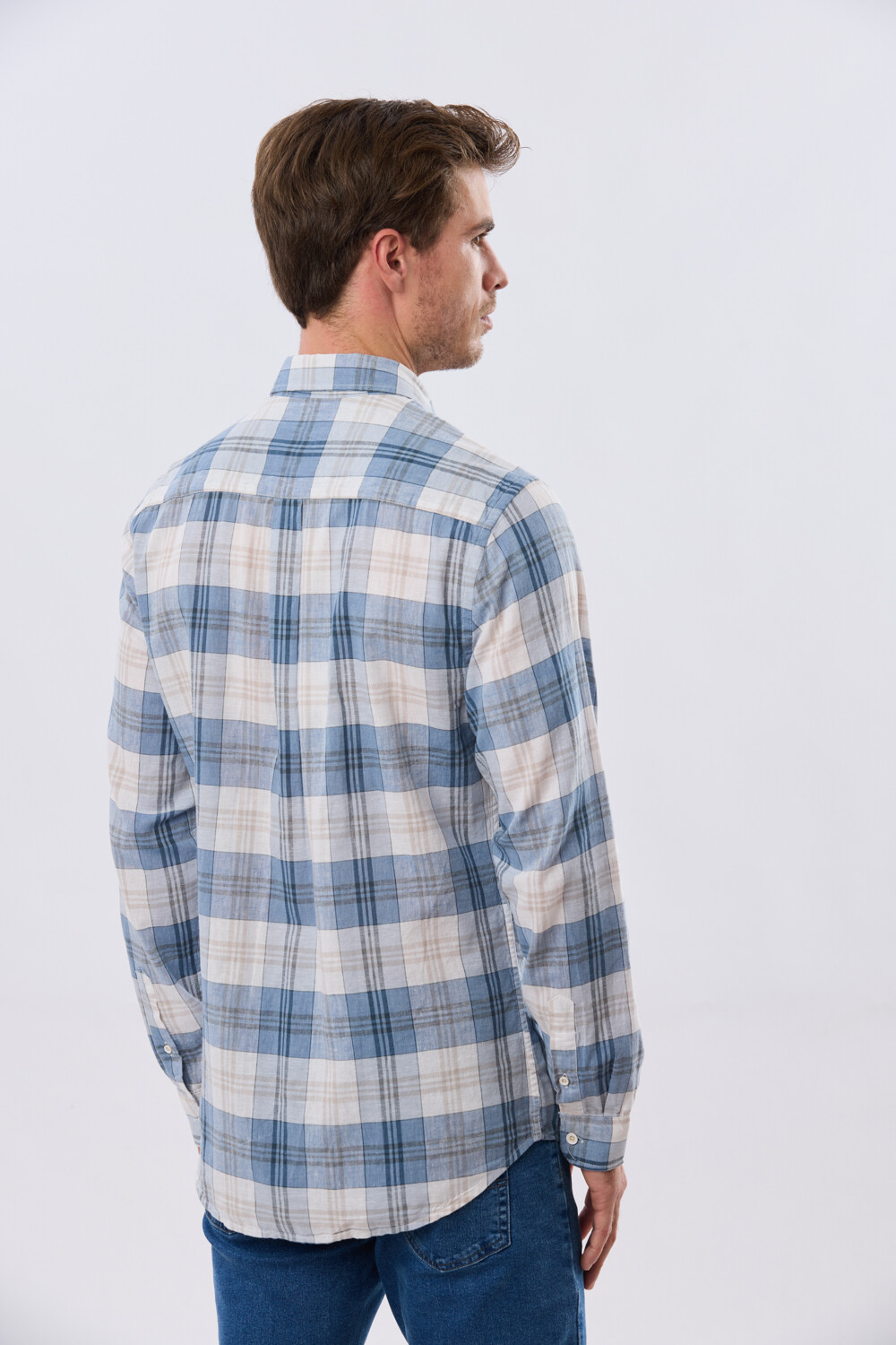 CAMISA CUADROS DE LINO Celeste