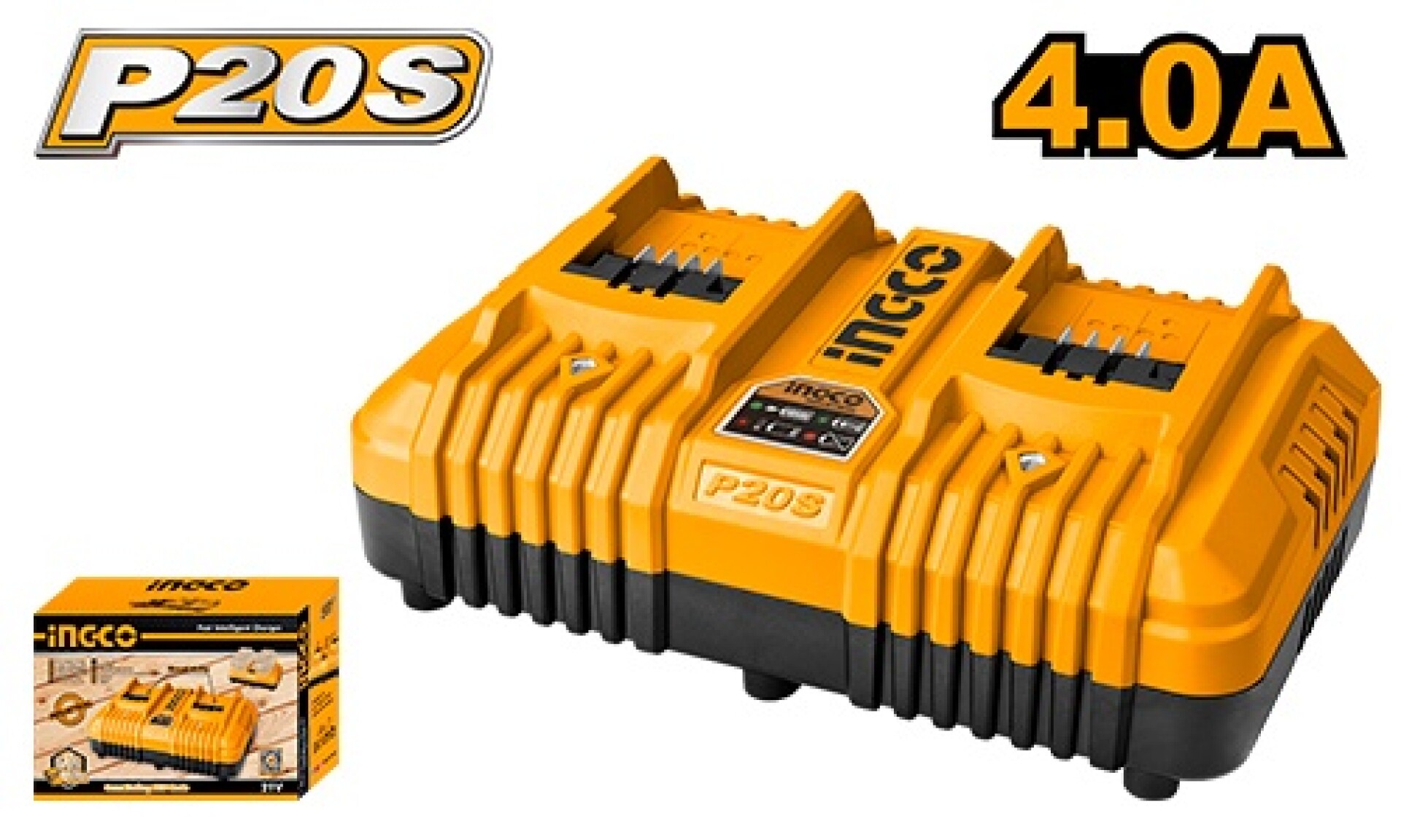 CARGADOR RAPIDO INTELIGENTE DOBLE 20V P20S INGCO FCLI2034 - NEGRO-NARANJA 
