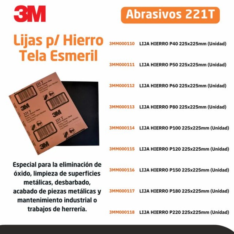 LIJA HIERRO/TELA ESMERIL P180, 225 mm x 275 mm (UNIDAD) - 3M LIJA HIERRO/TELA ESMERIL P180, 225 mm x 275 mm (UNIDAD) - 3M