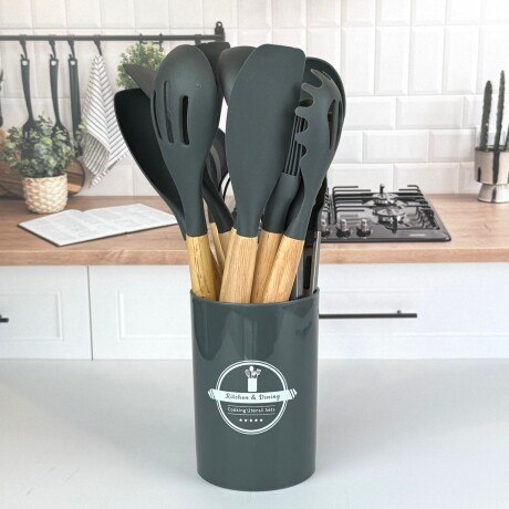 Set de Utensilios de Cocina de Silicona con Mango de Madera – 12 Piezas | GRIS Set de Utensilios de Cocina de Silicona con Mango de Madera – 12 Piezas | GRIS