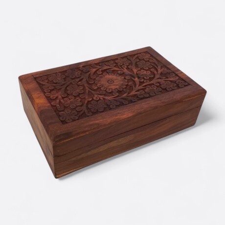 Caja De Madera Labrada Flor En Circulo