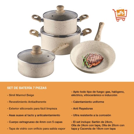 Juego Batería Cocina 7 Pzas Antiadherente Símil Marmol Beige Beige