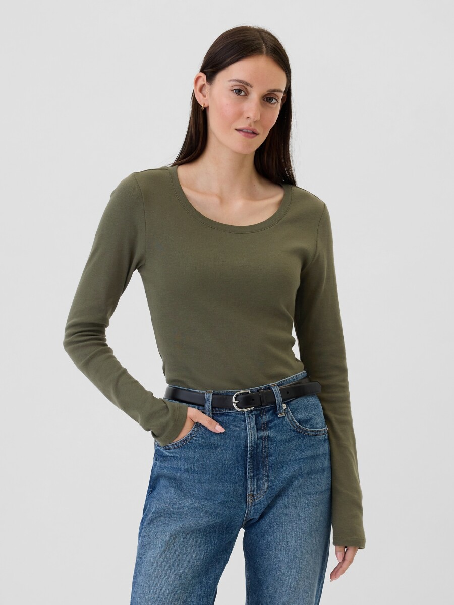 Remera Básica Cuello Redondo Manga Larga Mujer - Olive Night 