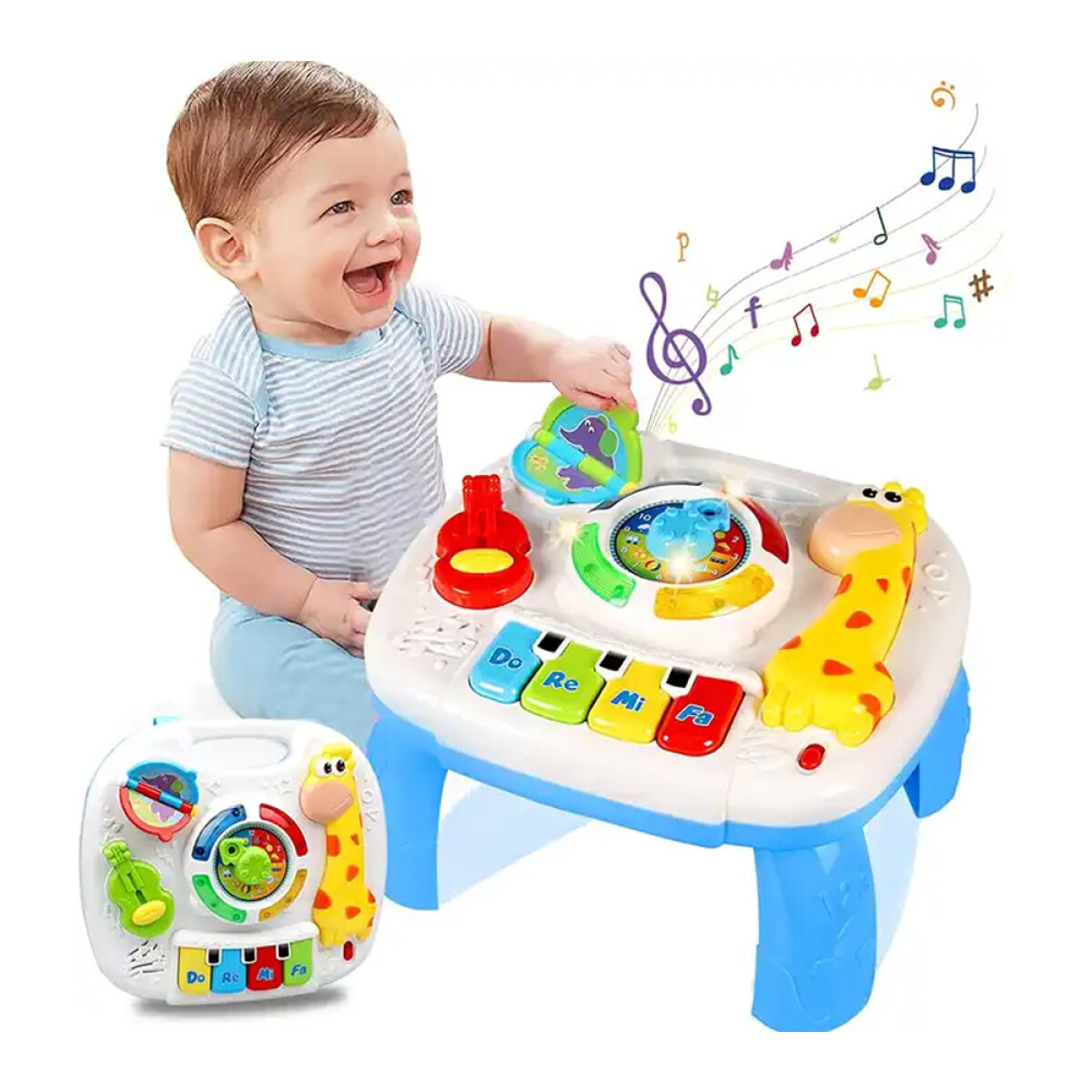 Mesa de Actividades p/Bebé Didáctica con Piano Luz y Sonidos - Blanco/celeste 