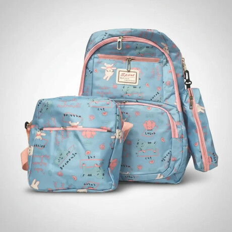 Set Mochila 3 Piezas Diseño Animalitos Escolar Resistente Celeste