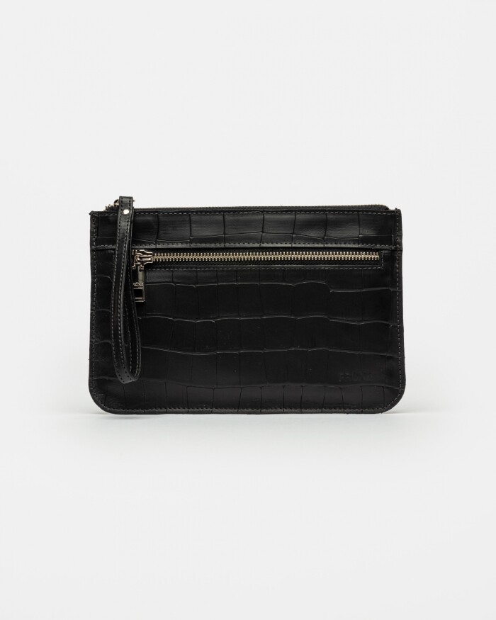 Porta Papeles Praga En Cuero Grabado Croco Mate Negro