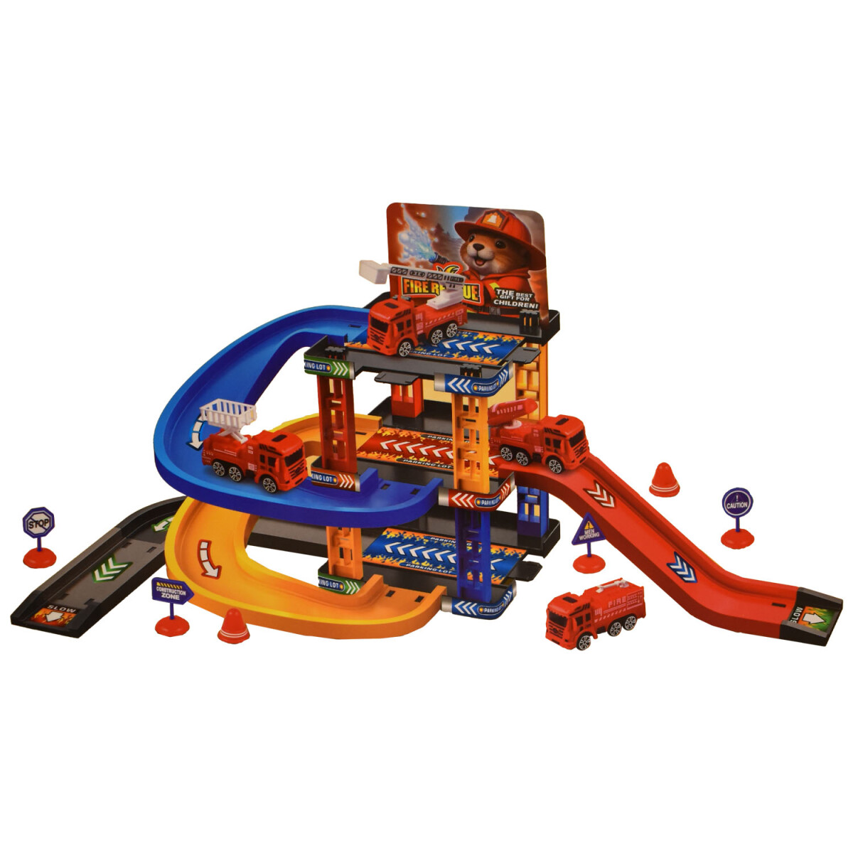 Pista De Bomberos Con Camiones Rampas Accesorios 33 Piezas - Rojo 