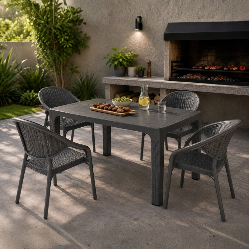 Mesa ratán 70x120 + 4 sillas con apoya brazos GRIS