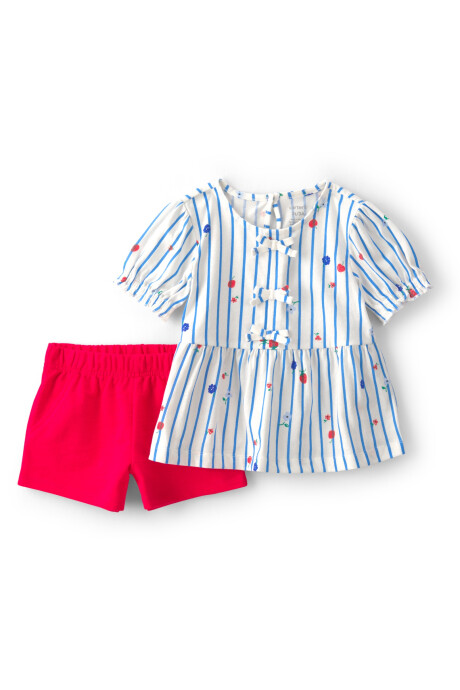 Set dos piezas de algodón, short rojo y remera blanca con rayas azules. Talles 2-5T Set dos piezas de algodón, short rojo y remera blanca con rayas azules. Talles 2-5T