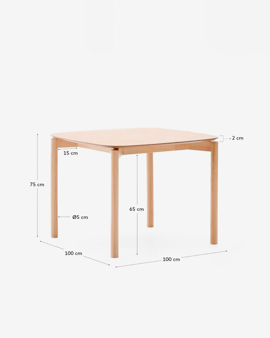 Mesa Indara cuadrada de chapa de fresno y madera maciza de caucho con acabado tono natural 100 x 100 cm