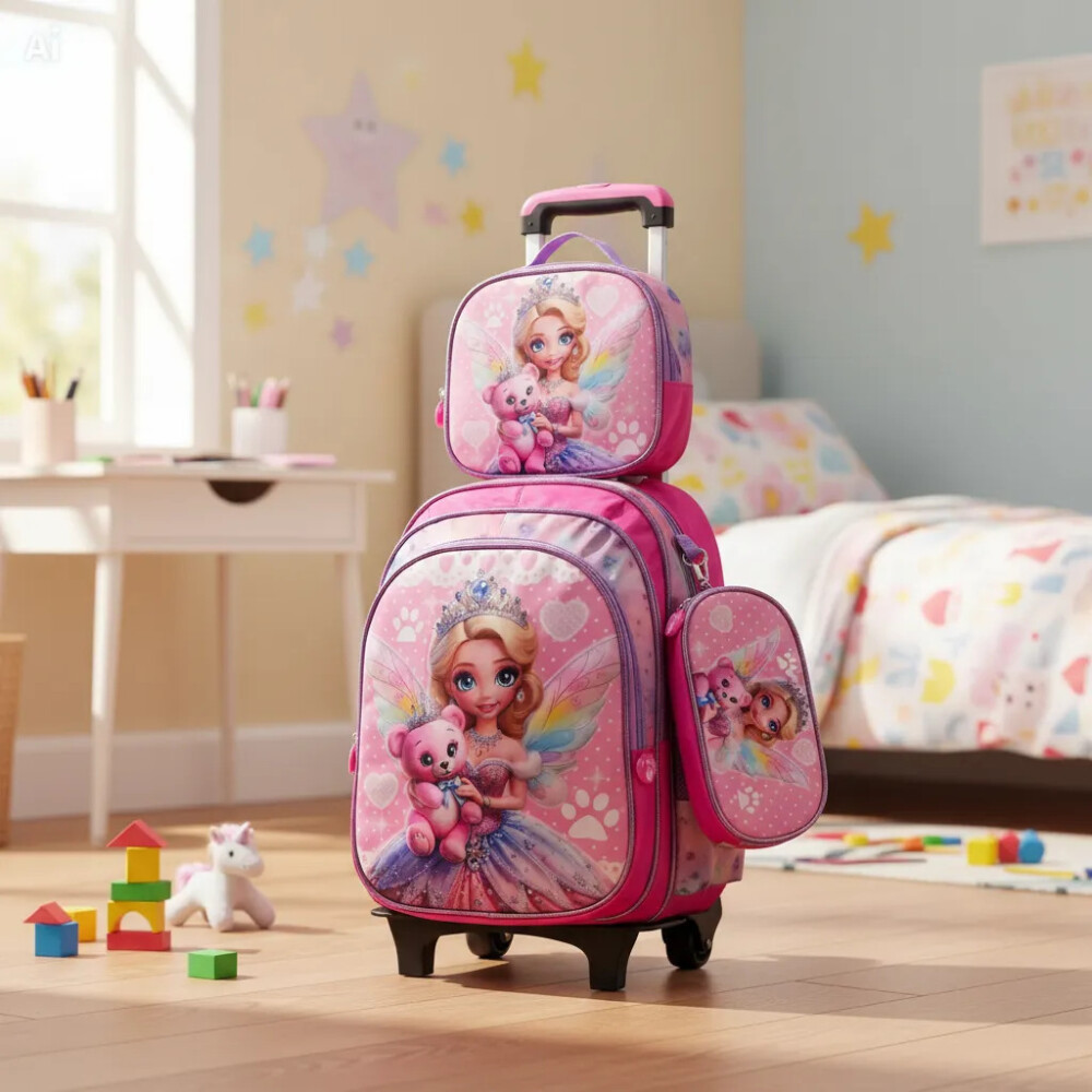 Mochila con carrito, lonchera y cartuchera. Princesa oso rosa