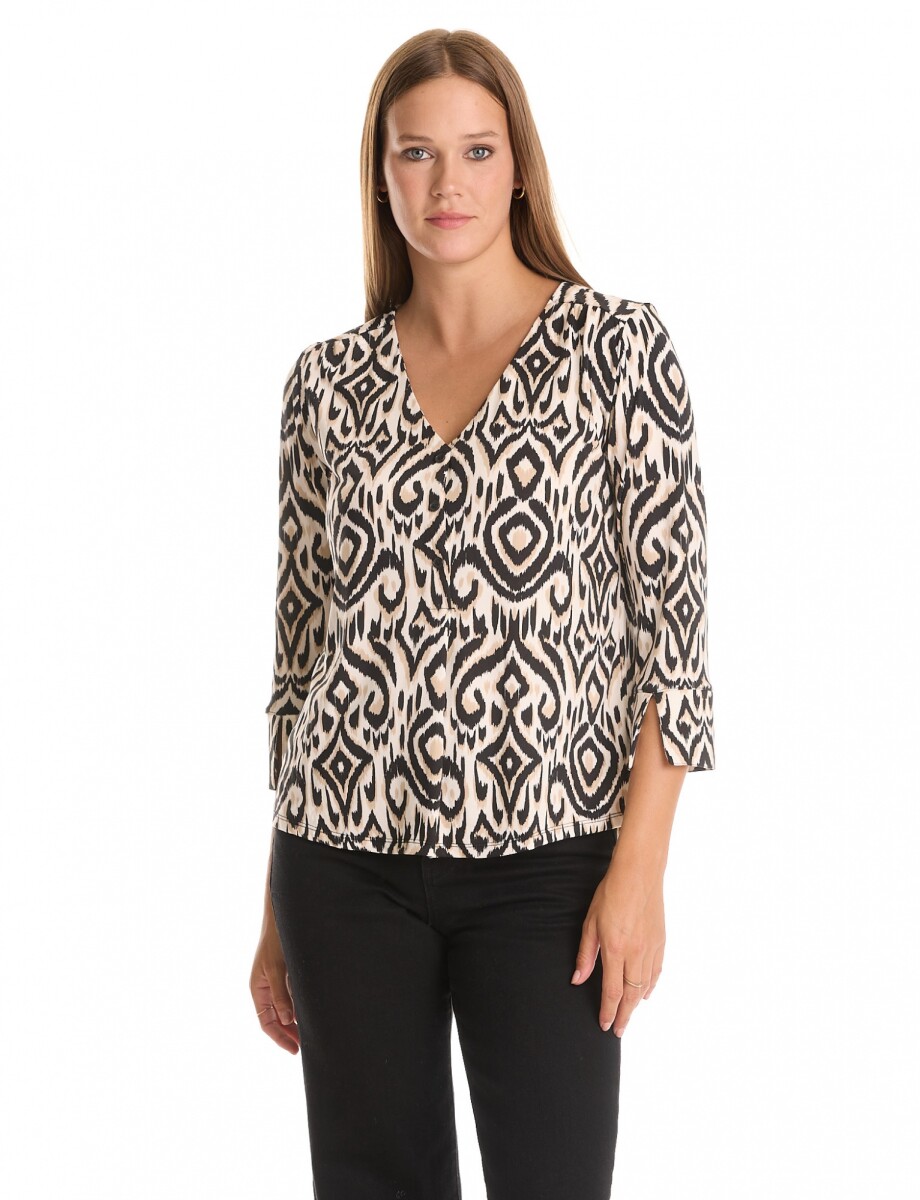 Blusa Esc V Printed - Negro/beige 