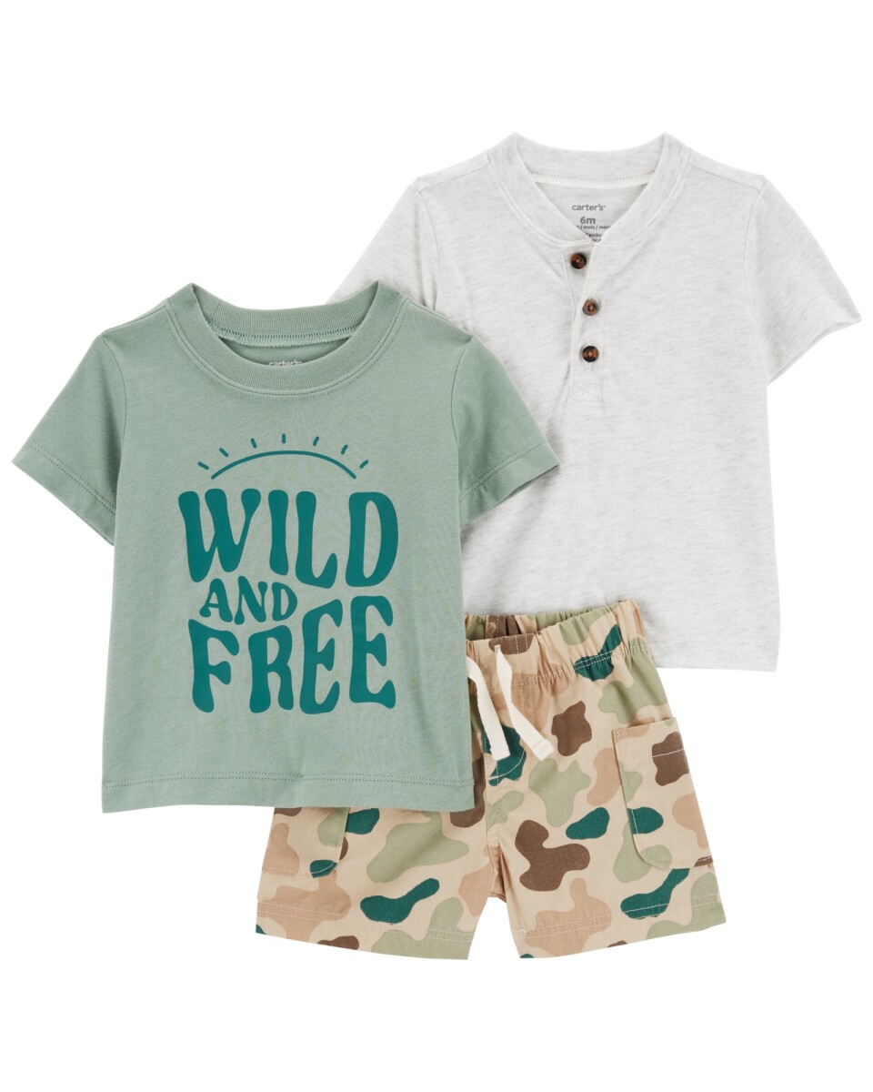 Set tres piezas de algodón, short camo y dos remeras manga corta 