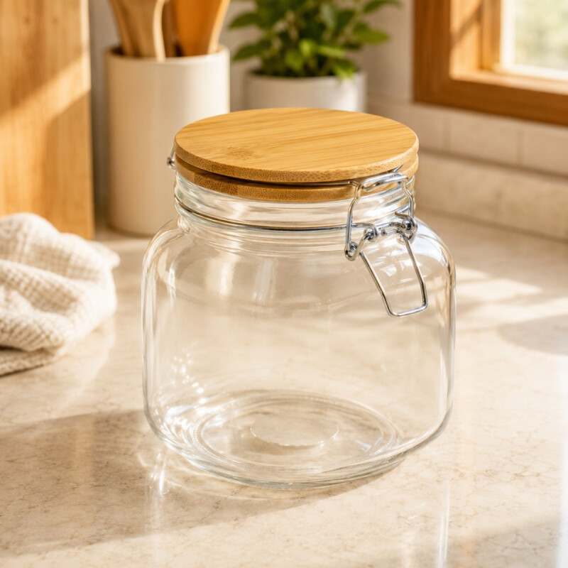 Recipiente vidrio 1000 ml tapa madera TRANSPARENTE