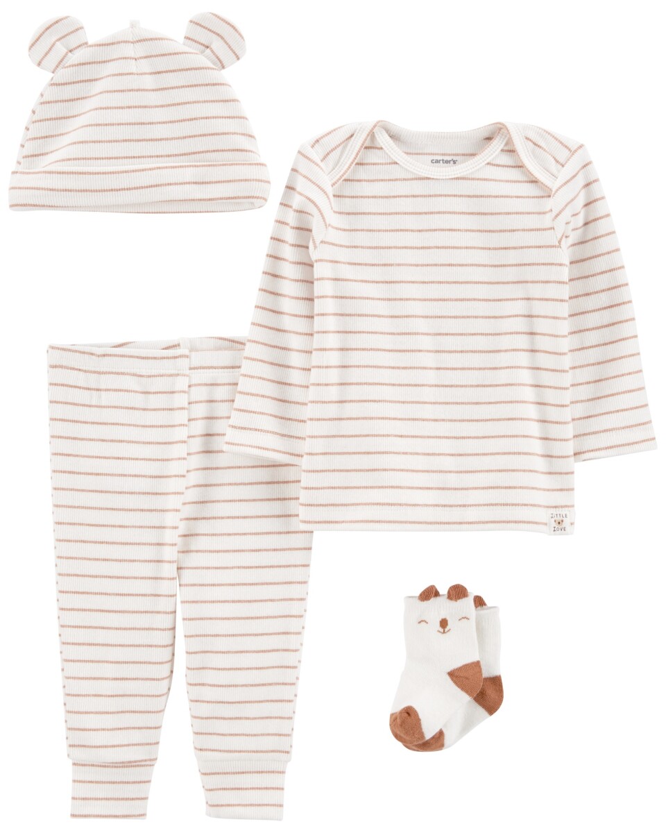 Set cuatro piezas pantalón, remera, gorro y medias de algodón 
